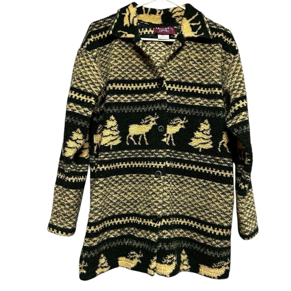 VTG Denim & Co Jeanswear Green Cream Moose Tree Fair Isle Nordic Fleece Jacket